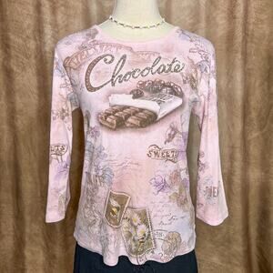 Vintage Y2K Chocolate Floral Renaissance Print Shirt 3/4 Sleeve Pink Rhinestone
